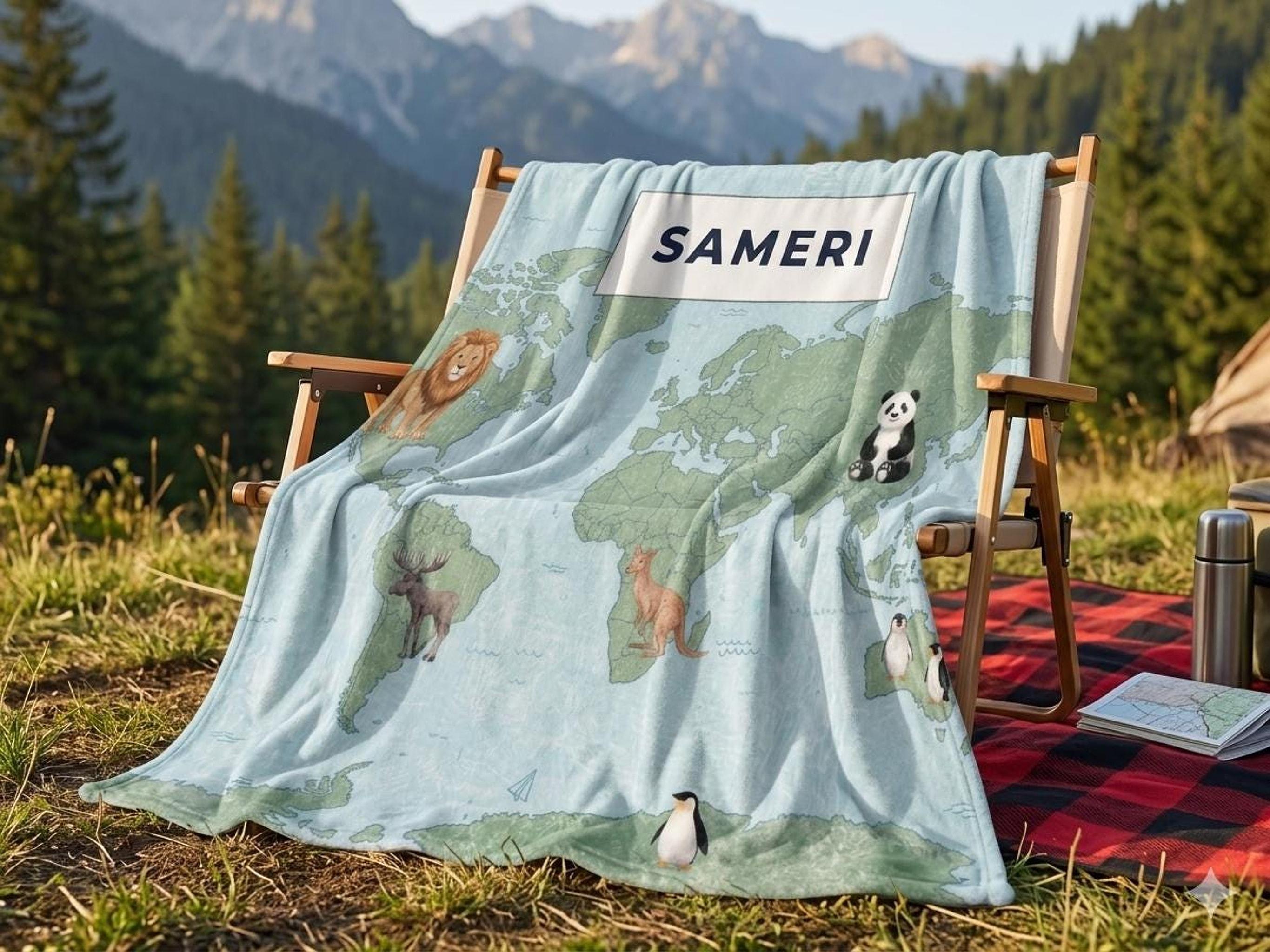 Personalized World Map kids blanket with name